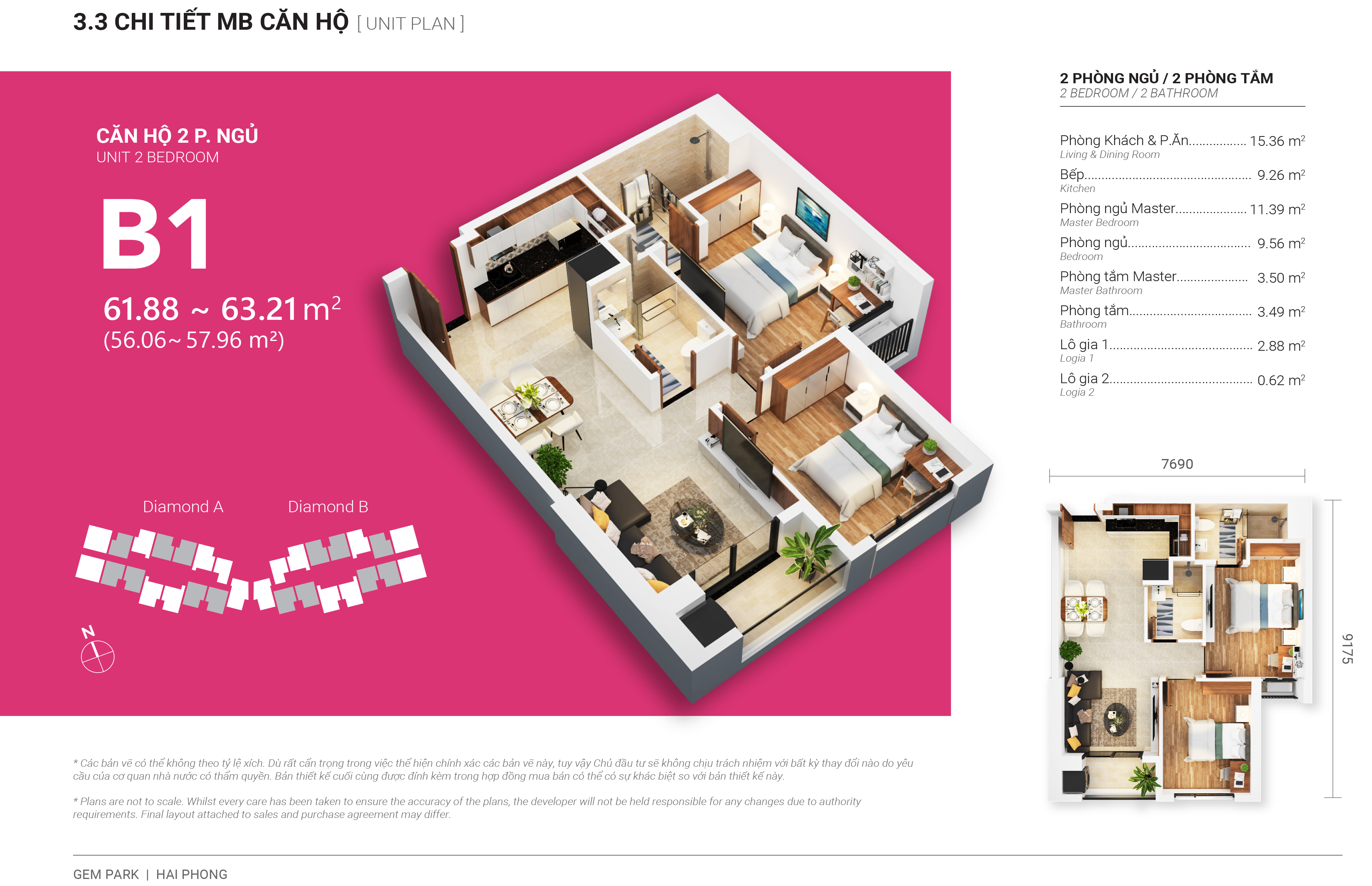 Thiết kế căn hộ 2PN, 2WC chung cư Gem Park, Hải Phòng