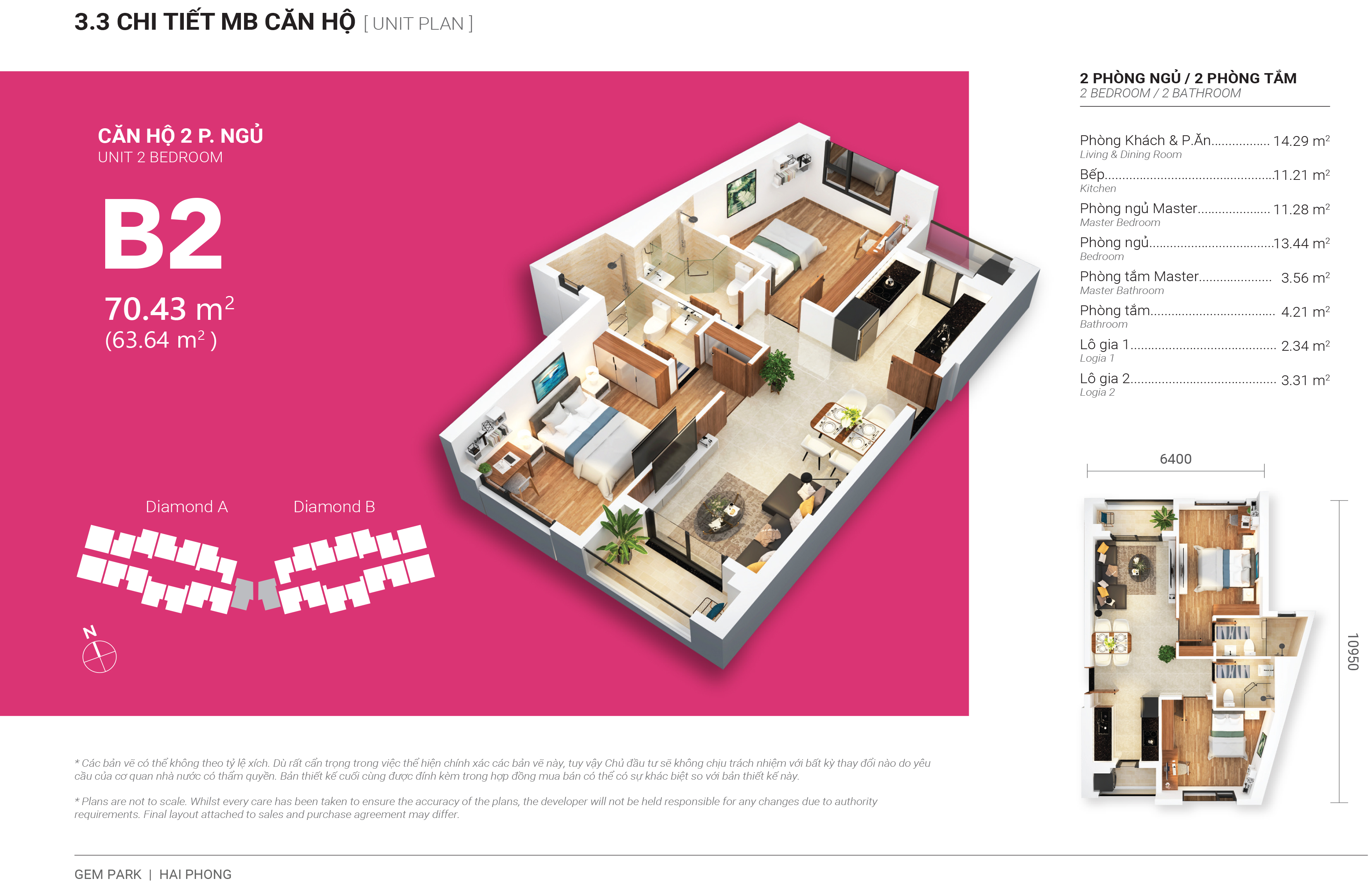 Thiết kế căn hộ 2PN, 2WC chung cư Gem Park, Hải Phòng
